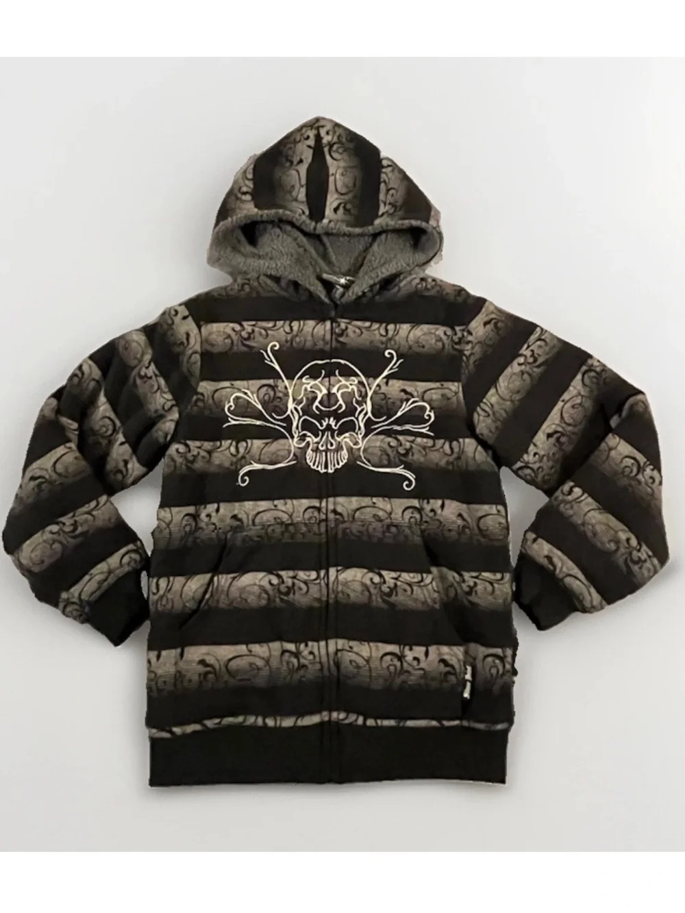 Silver Point Y2K Skull Tribal Grunge Skater Hoodie Sherpa Full Zip Boys L Men XS
